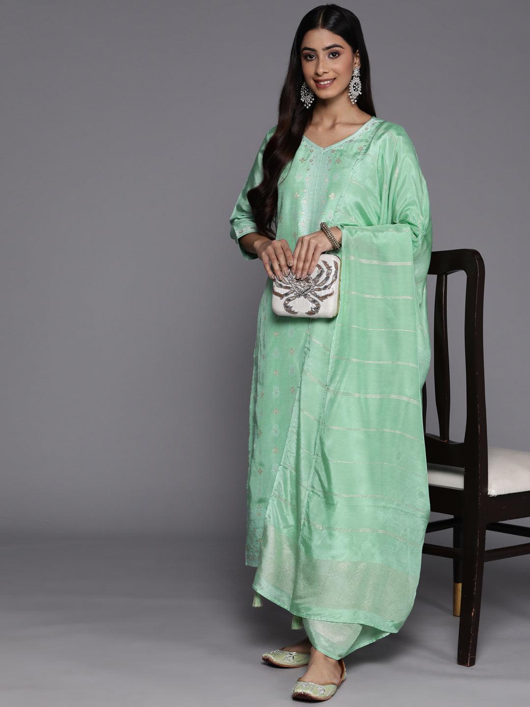 Green Self Design Silk Blend Suit Set With Trousers