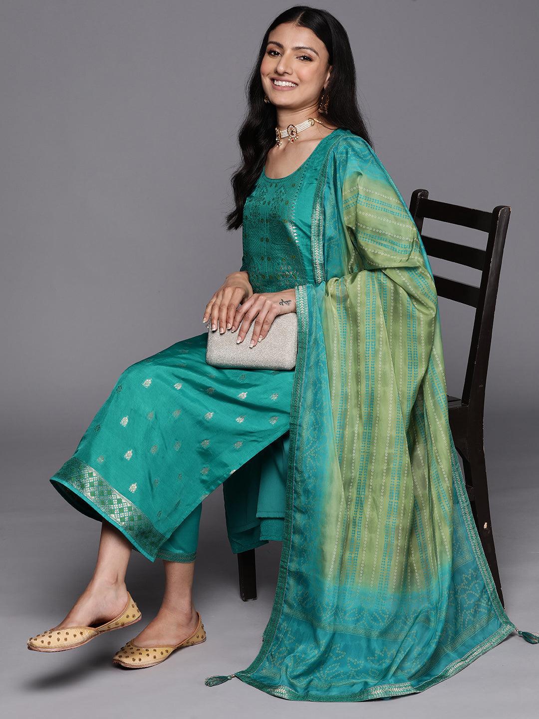 Green Self Design Silk Blend Straight Suit Set With Trousers