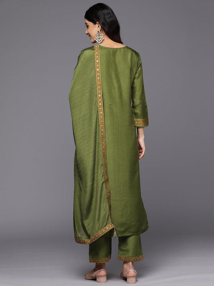 Green Self Design Silk Blend Straight Suit Set With Trousers - ShopLibas