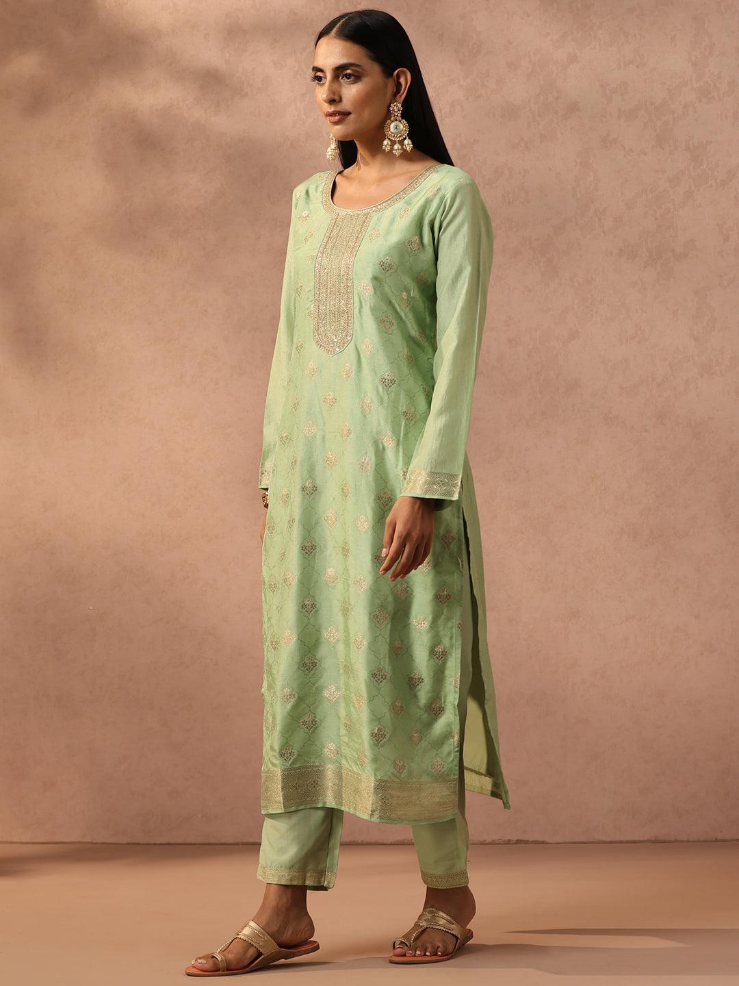 Green Self Design Silk Blend Suit Set With Trousers