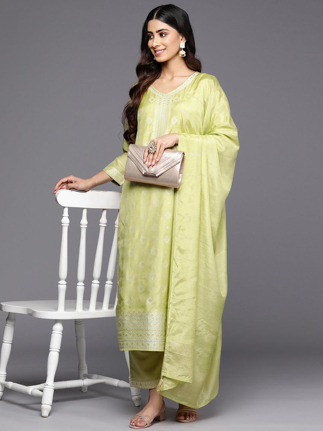 Green Self Design Silk Blend Straight Suit Set With Trousers