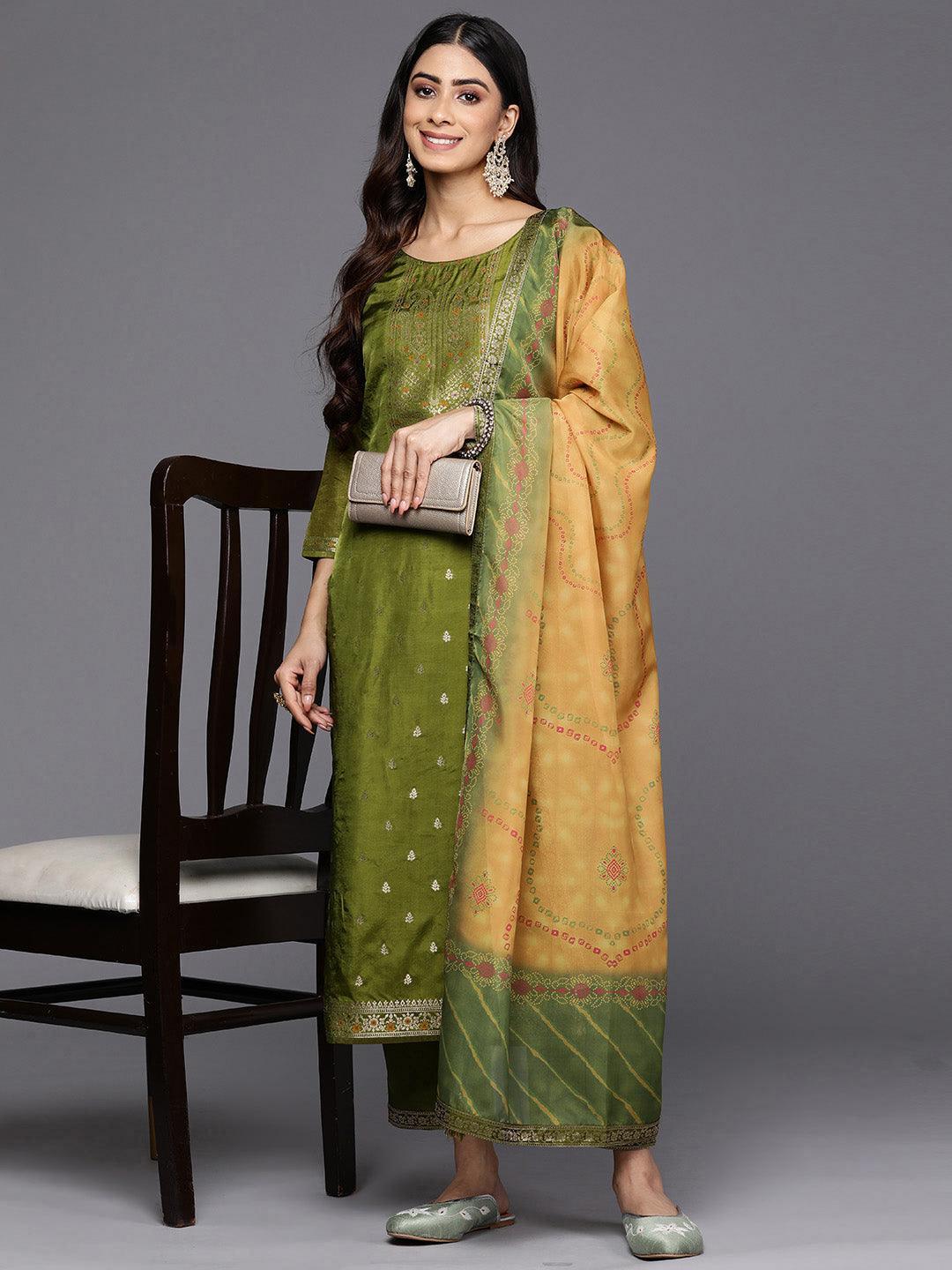 Green Self Design Silk Blend Straight Suit Set With Trousers - ShopLibas