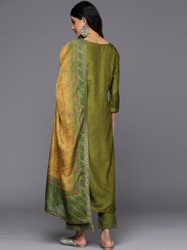 Green Self Design Silk Blend Straight Suit Set With Trousers - ShopLibas