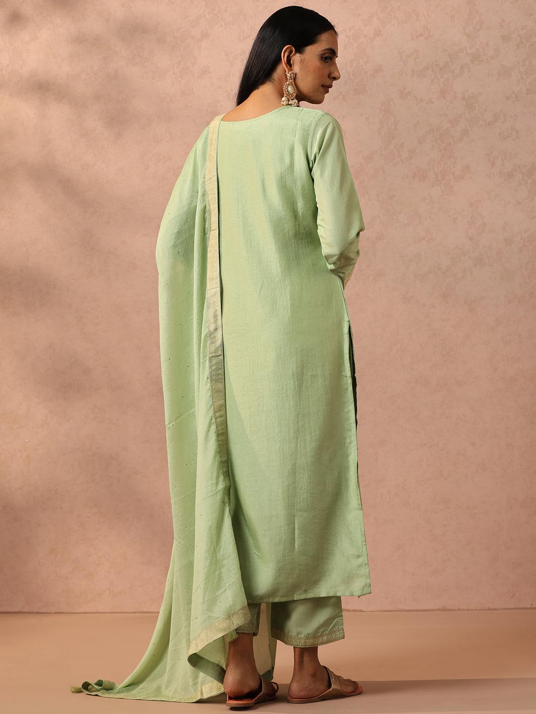 Green Self Design Silk Blend Suit Set With Trousers