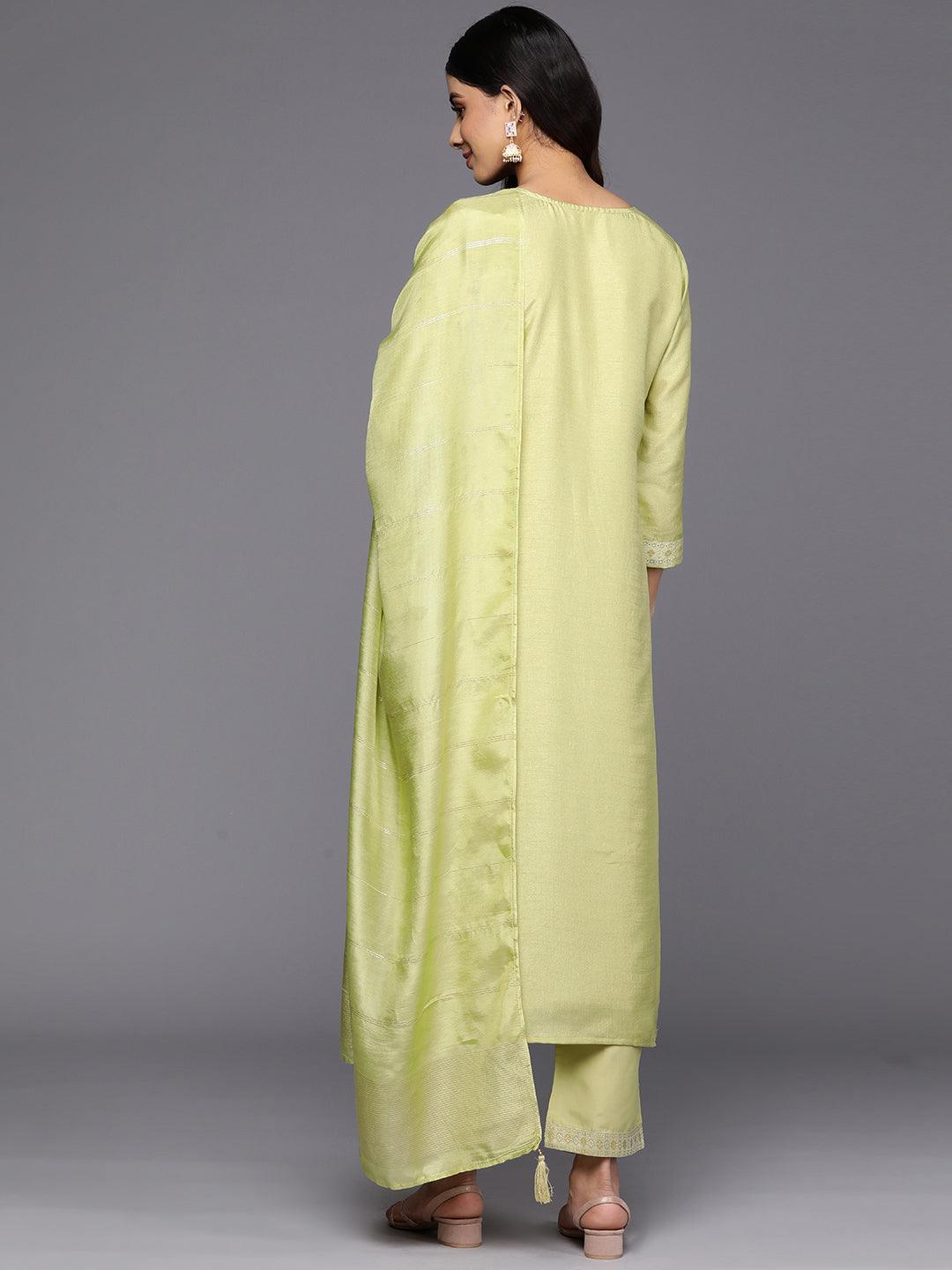 Green Self Design Silk Blend Straight Suit Set With Trousers