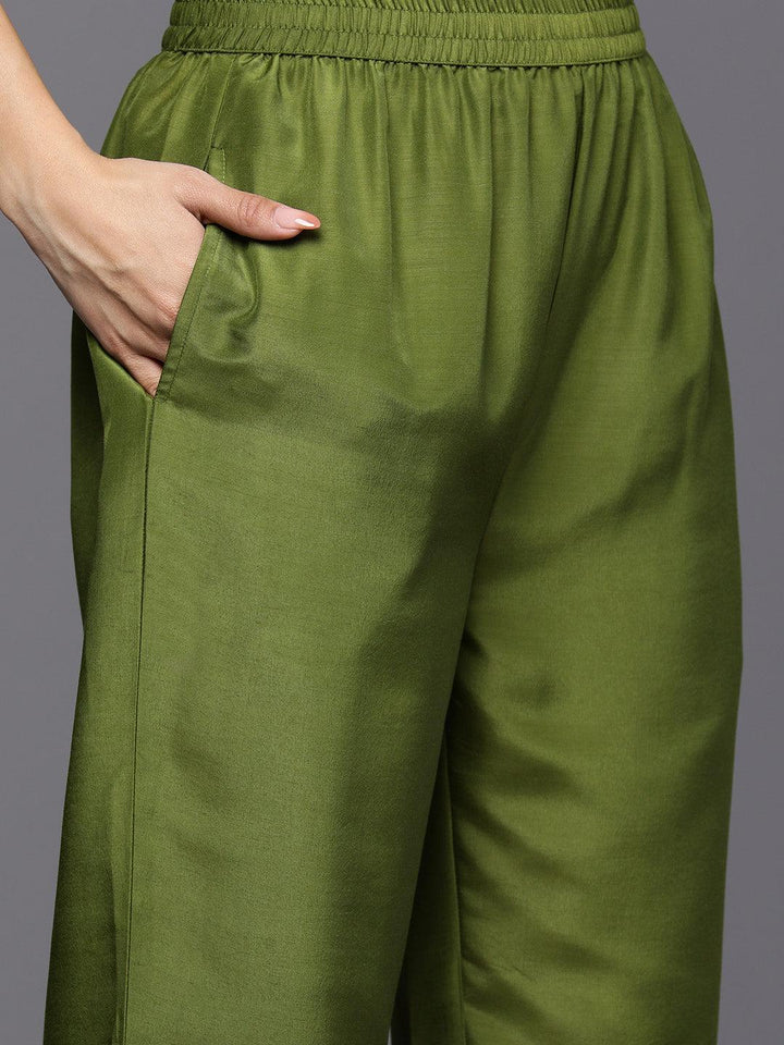 Green Self Design Silk Blend Straight Suit Set With Trousers - ShopLibas