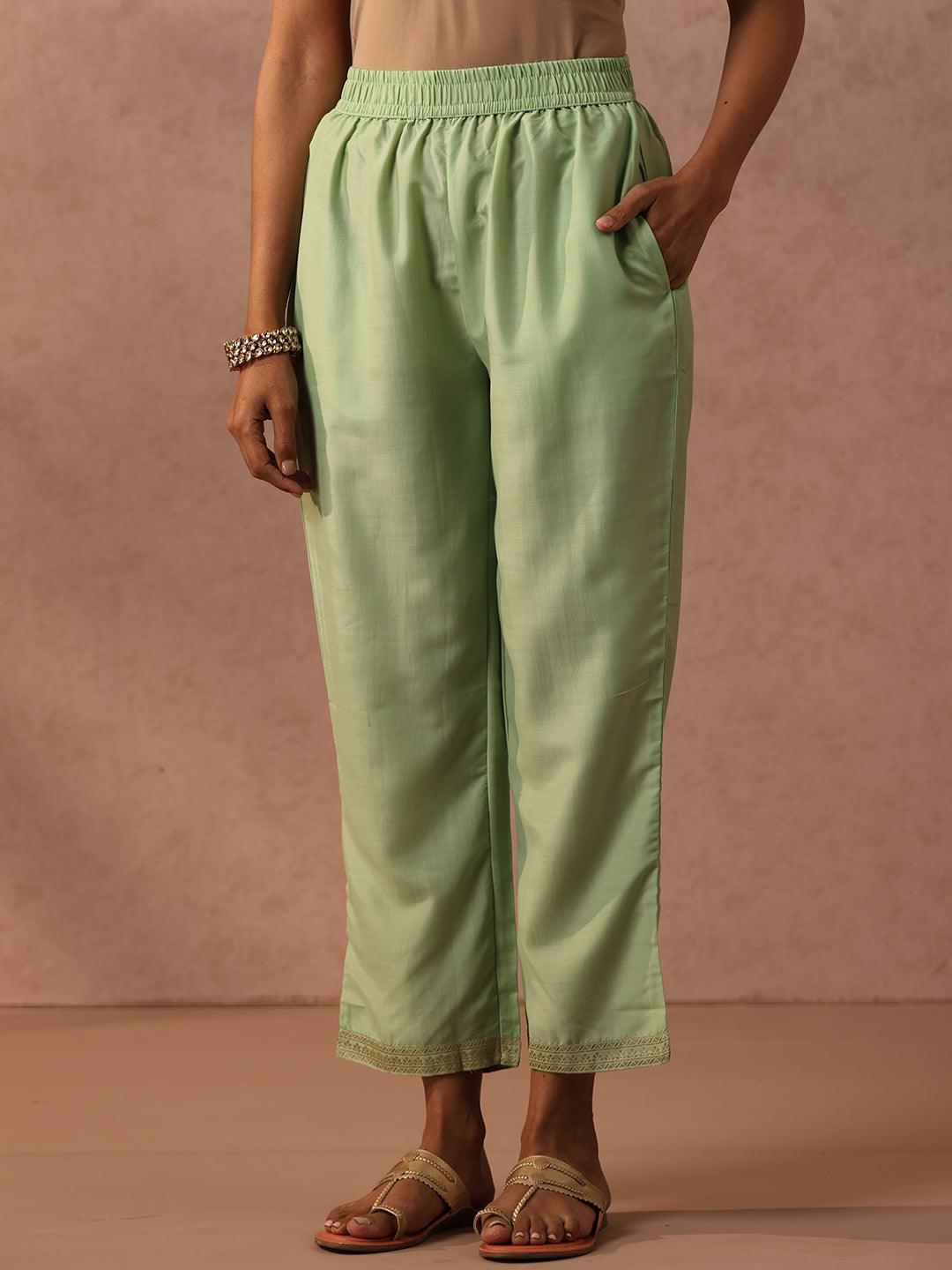 Green Self Design Silk Blend Suit Set With Trousers