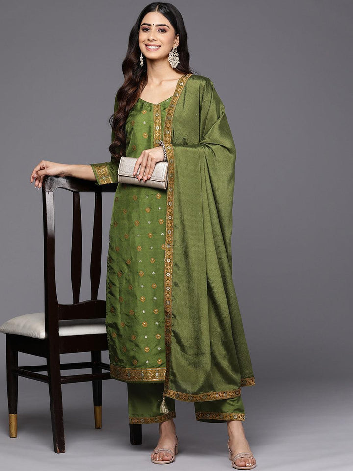 Green Self Design Silk Blend Straight Suit Set With Trousers - ShopLibas