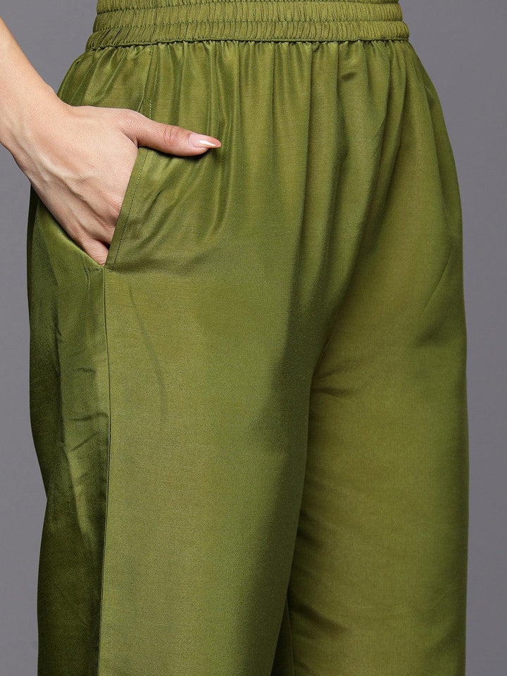 Green Self Design Silk Blend Straight Suit Set With Trousers - ShopLibas