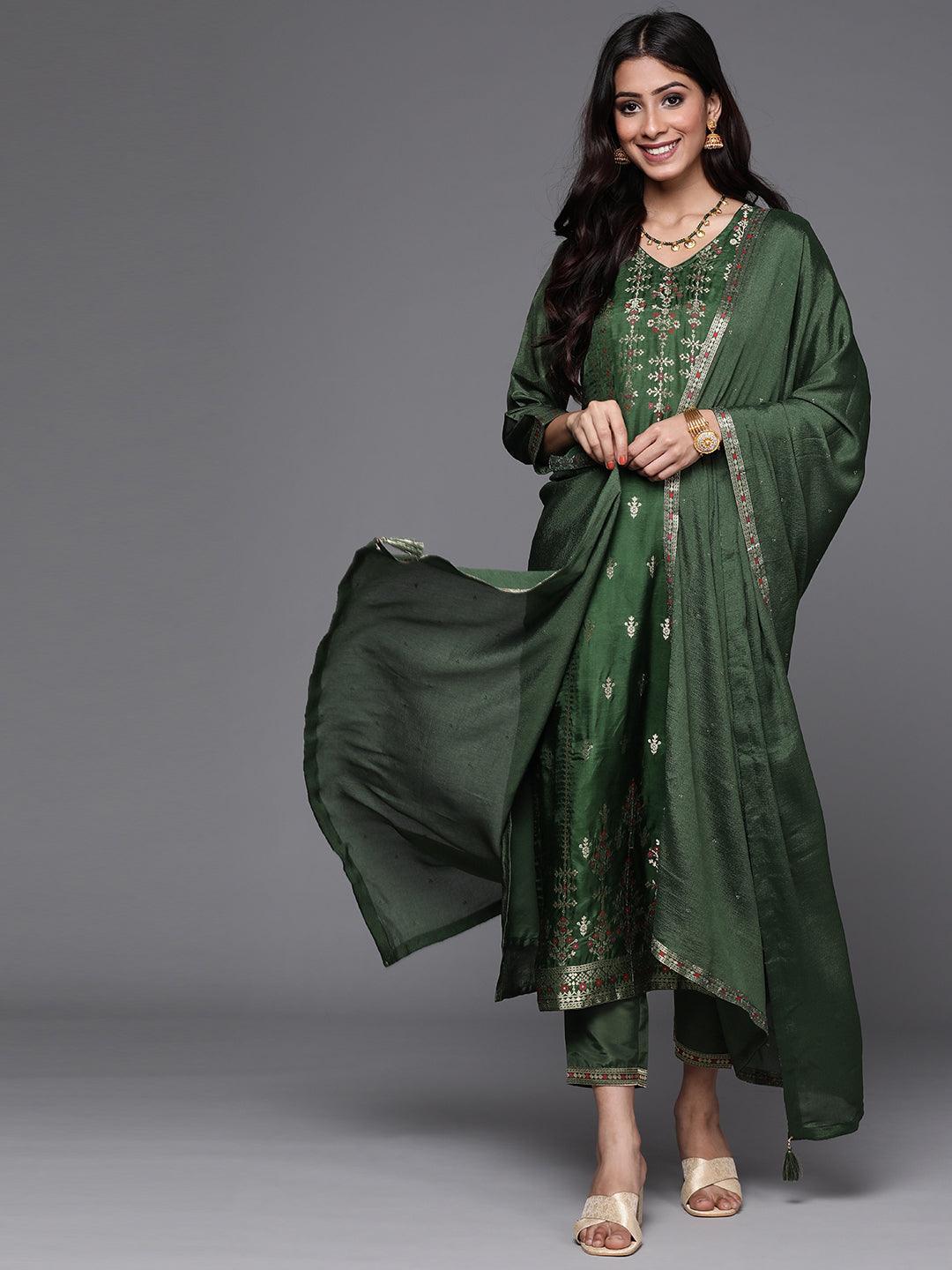 Green Self Design Silk Suit Set