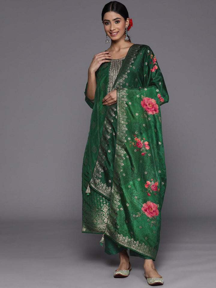 Green Self Design Silk Suit Set With Trousers - ShopLibas