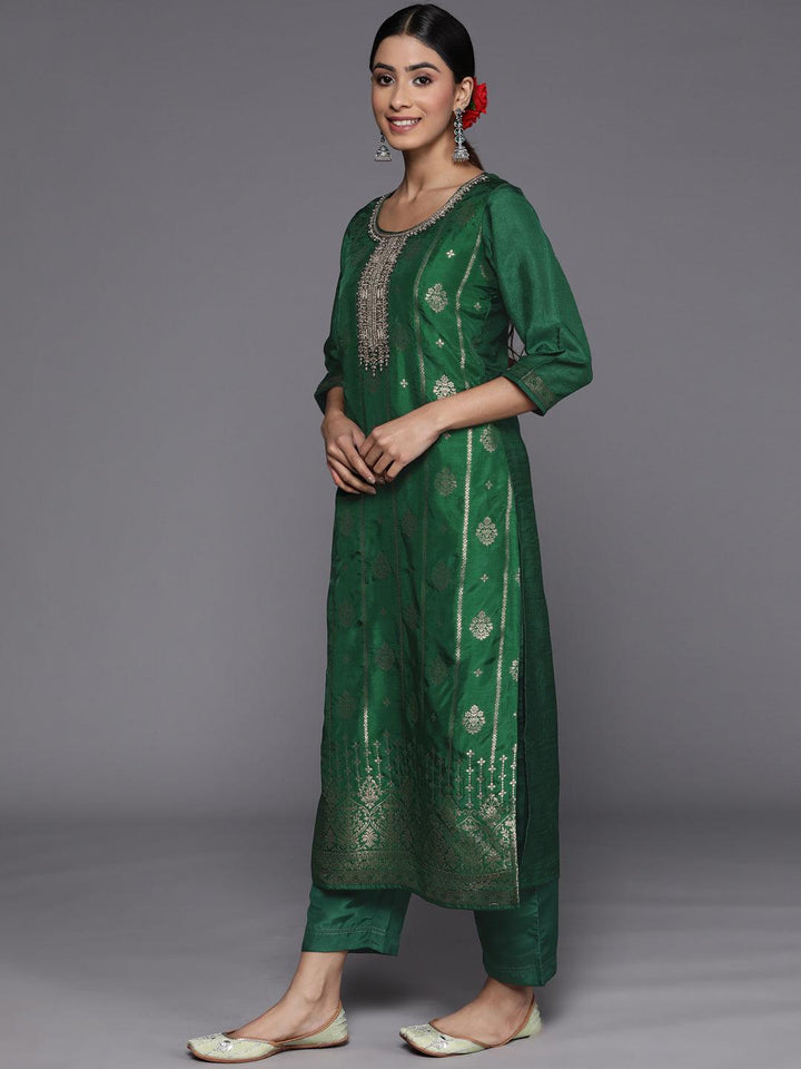 Green Self Design Silk Suit Set With Trousers - ShopLibas