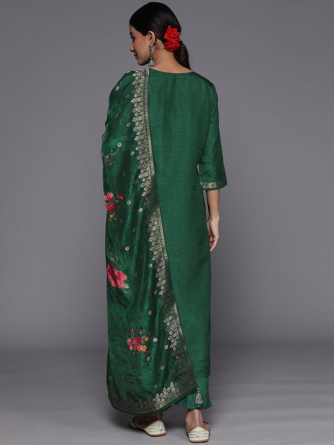 Green Self Design Silk Suit Set With Trousers - ShopLibas