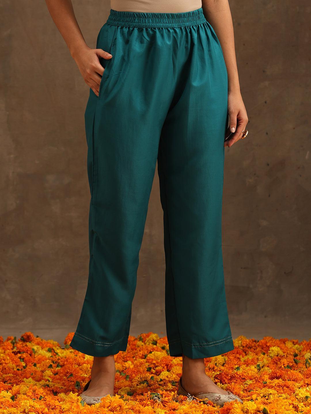 Green Self Design Silk Suit Set With Trousers