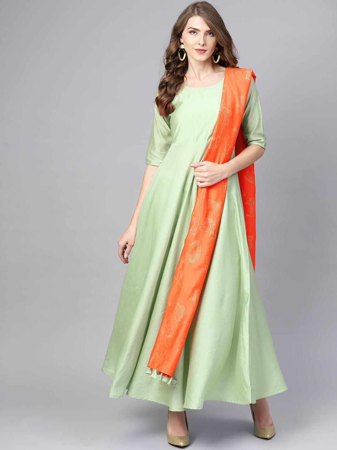 Green Solid Chanderi Silk Anarkali Kurta With Palazzos & Dupatta