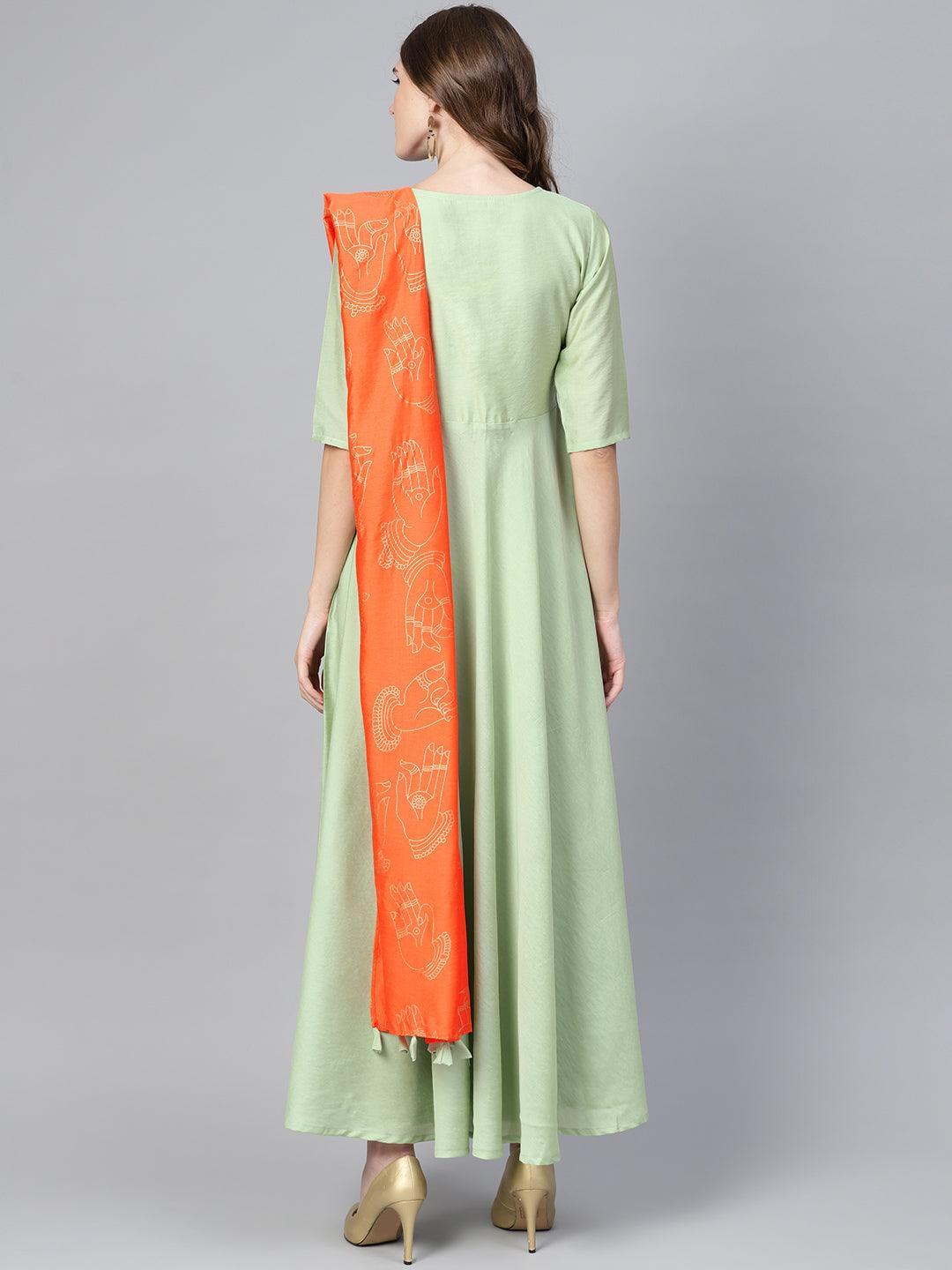 Green Solid Chanderi Silk Anarkali Kurta With Palazzos & Dupatta