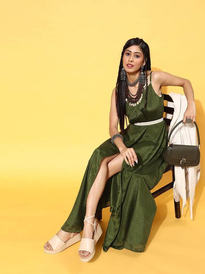 Green Solid Georgette Dress - ShopLibas