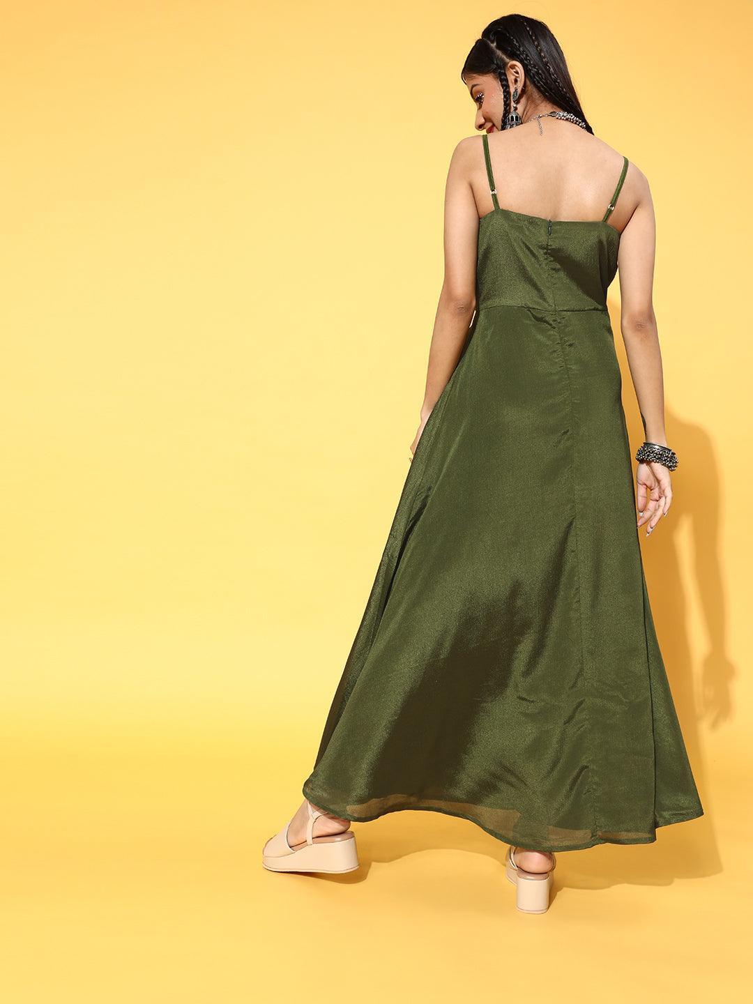 Green Solid Georgette Dress - ShopLibas