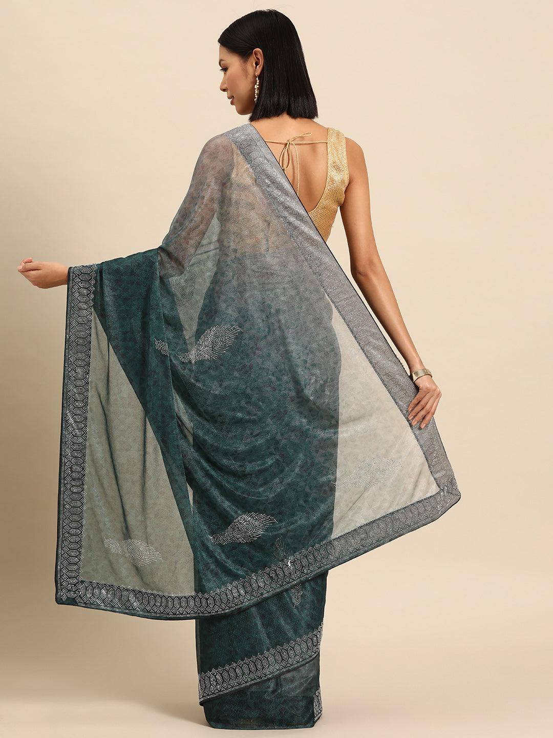 Green Solid Lycra Saree - Libas