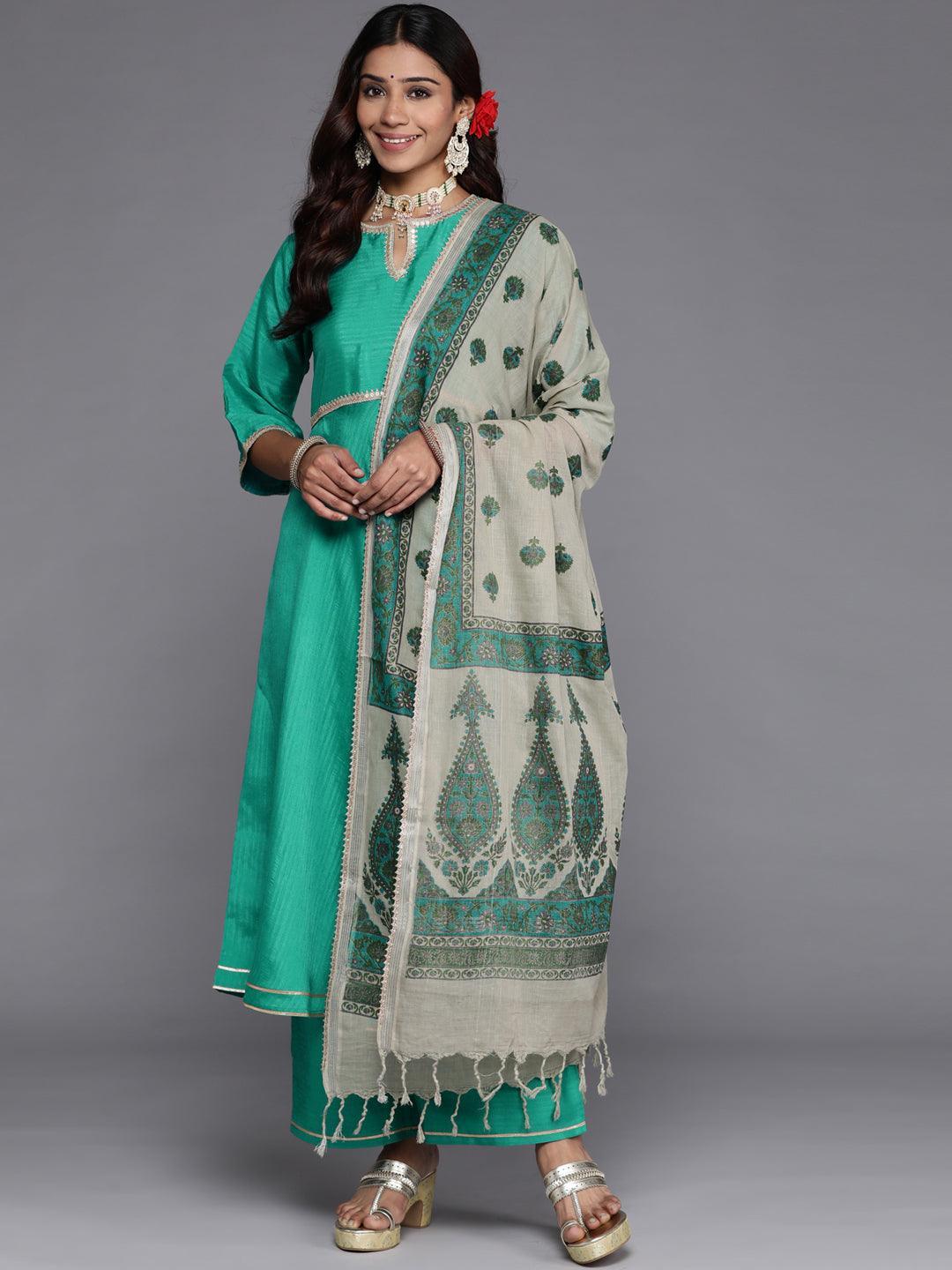 Green Solid Silk Blend Anarkali Kurta With Palazzos & Dupatta