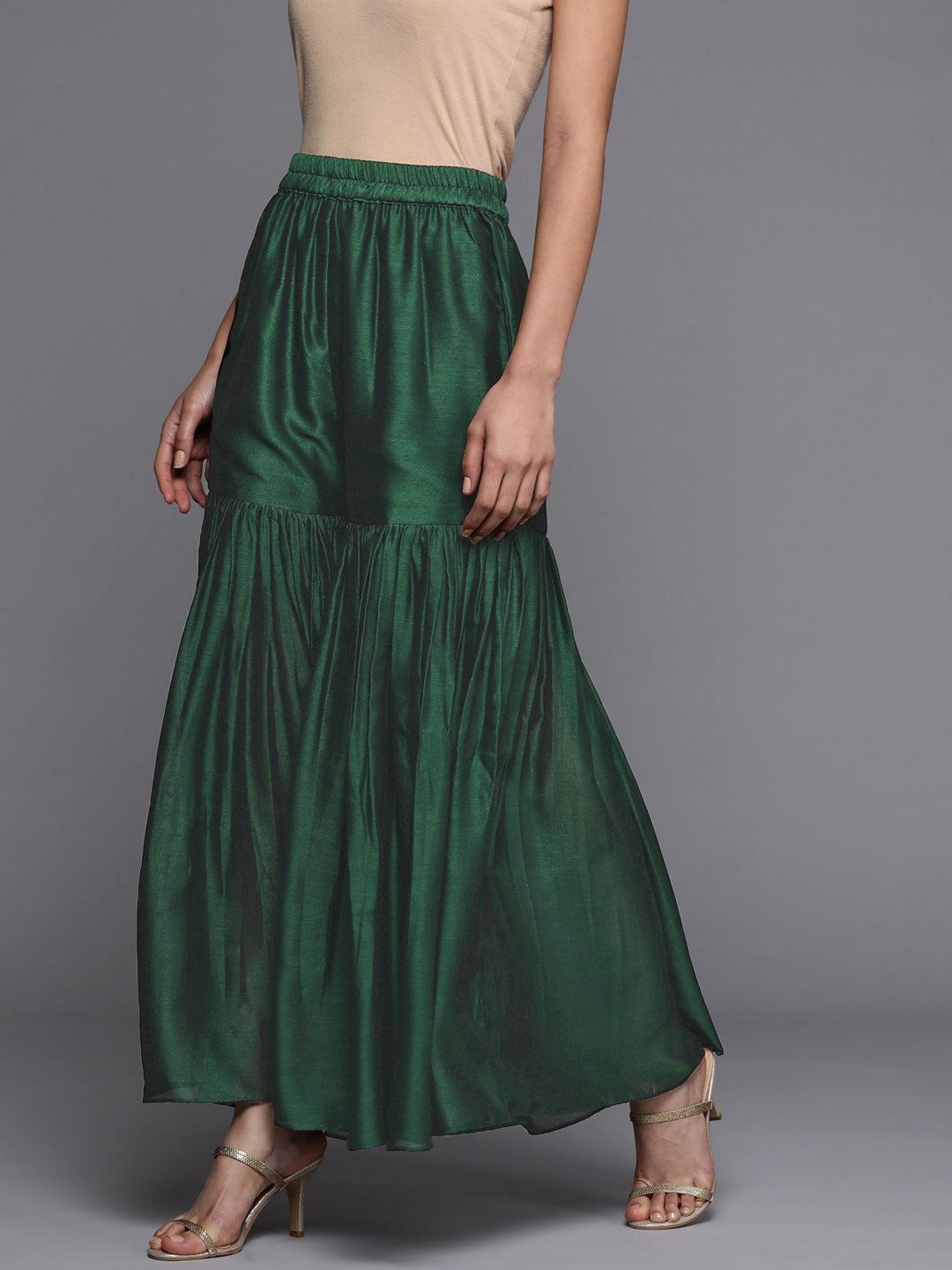 Green Solid Silk Blend Palazzos - Libas