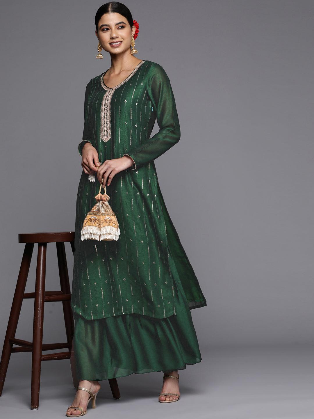 Green Solid Silk Blend Palazzos - Libas