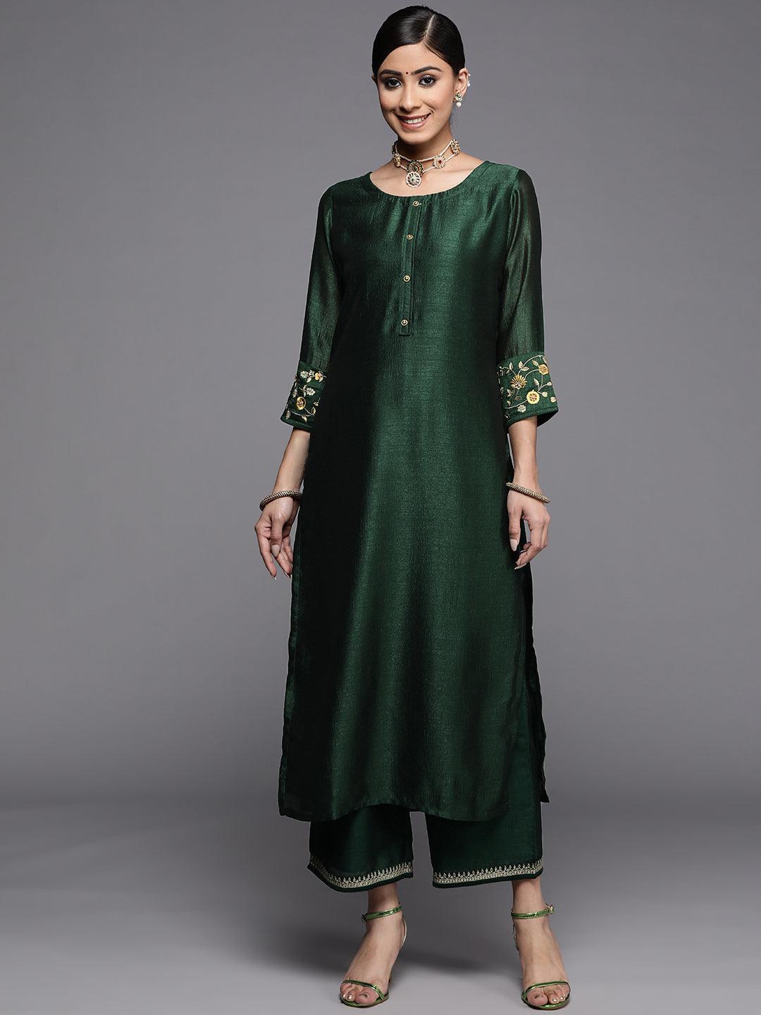 Green Solid Silk Kurta - ShopLibas