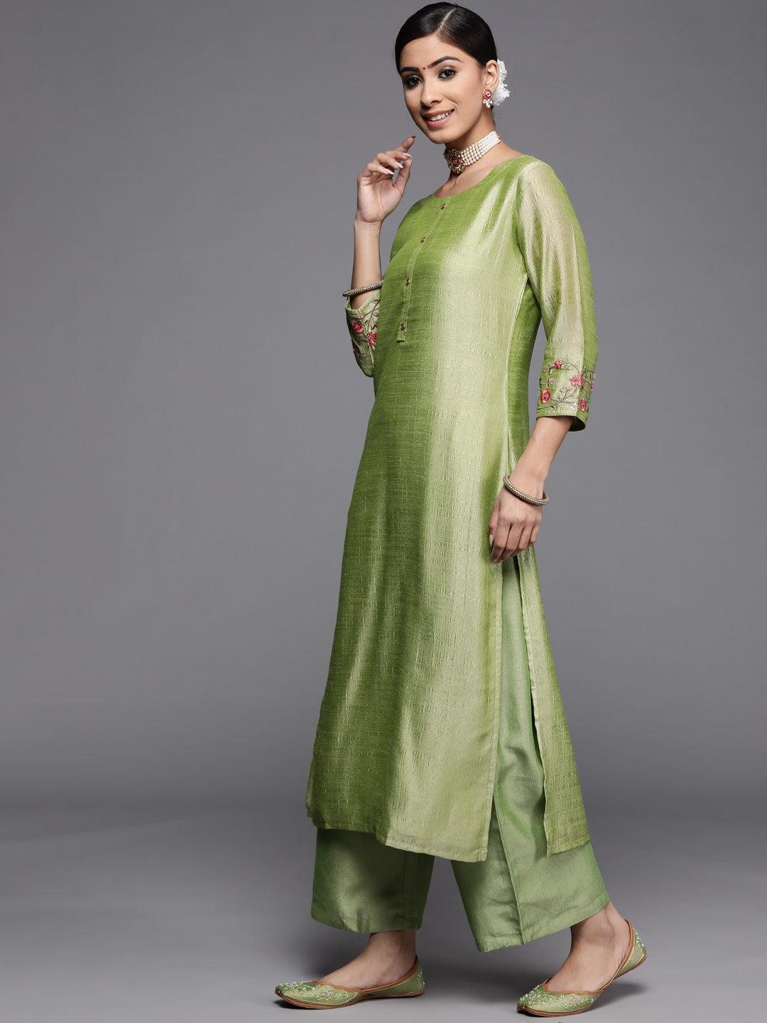 Green Solid Silk Kurta - ShopLibas