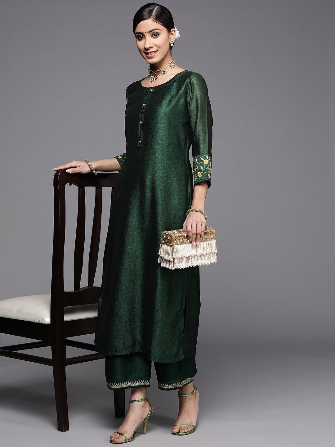 Green Solid Silk Kurta - ShopLibas