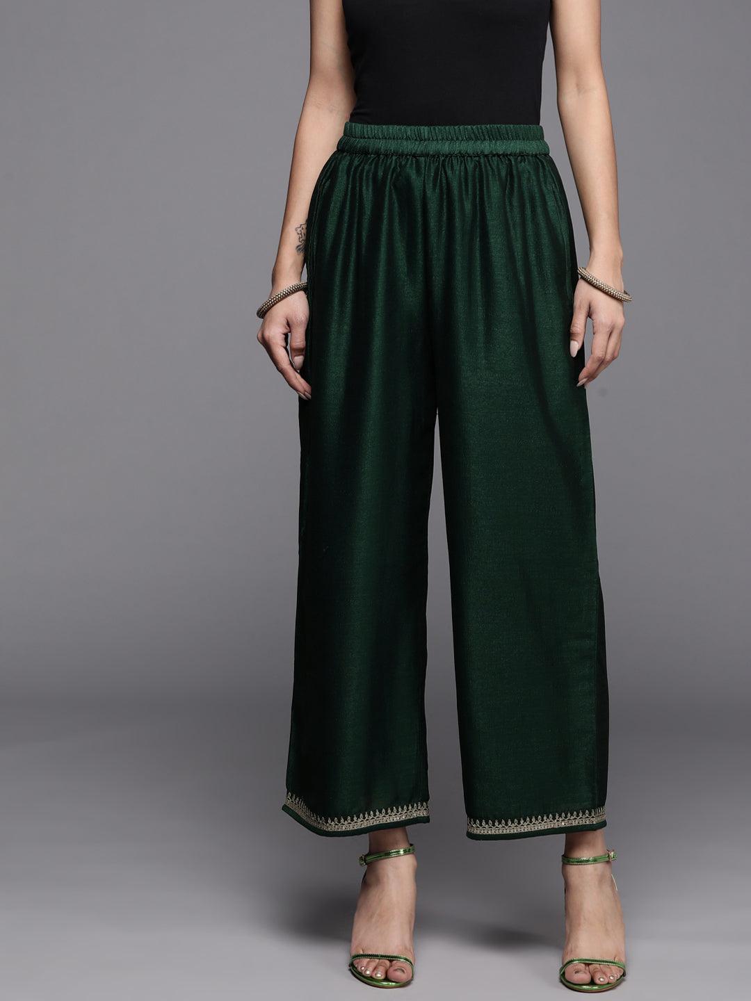 Green Solid Silk Palazzos - ShopLibas