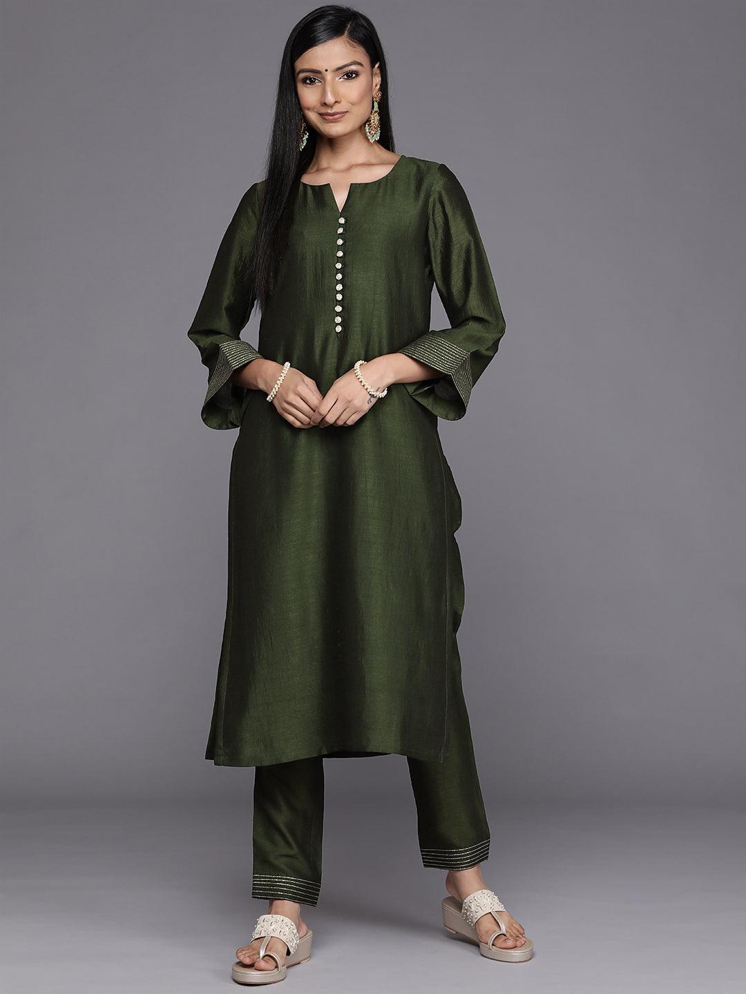 Green Solid Silk Straight Kurta