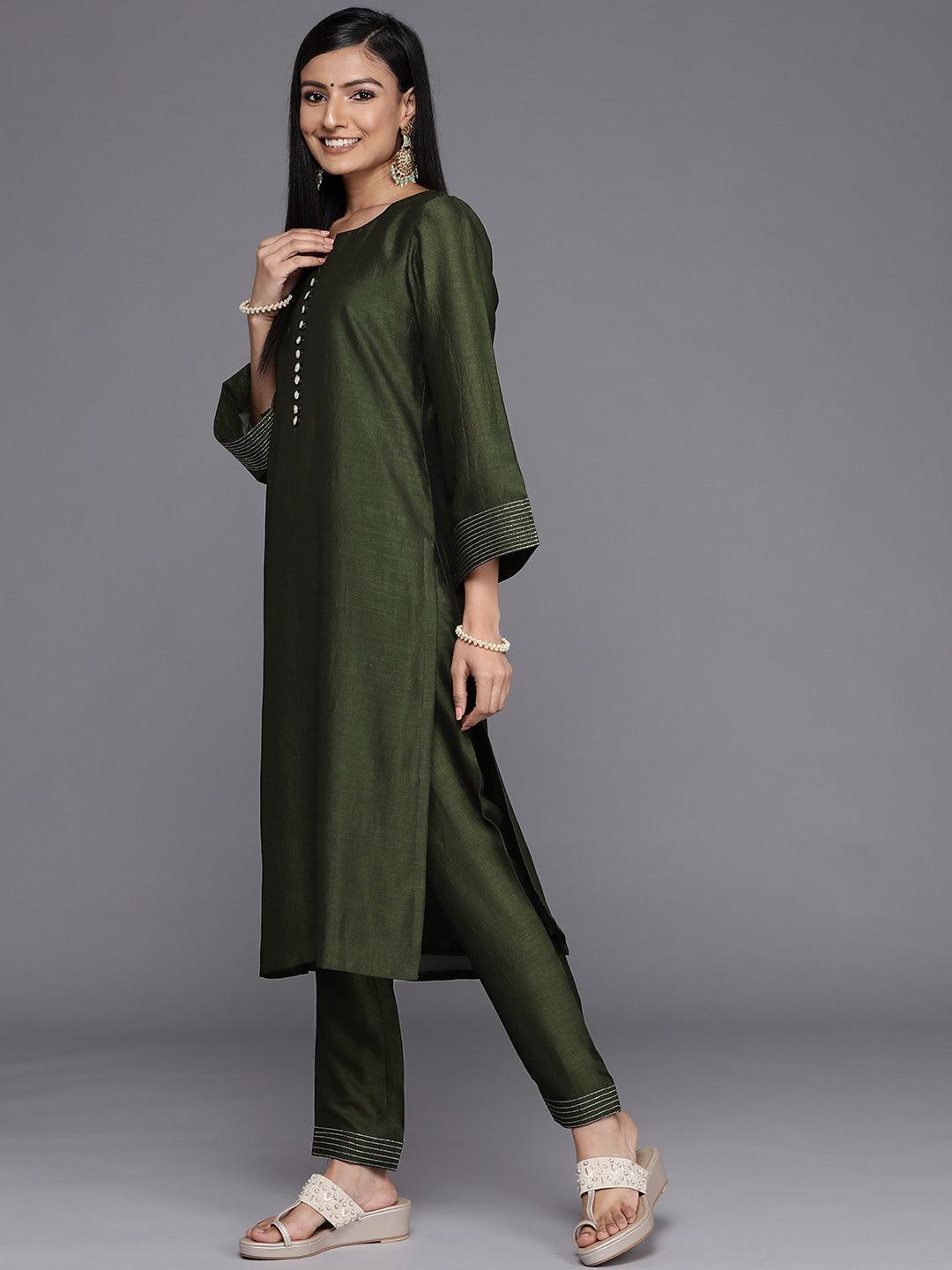 Green Solid Silk Straight Kurta