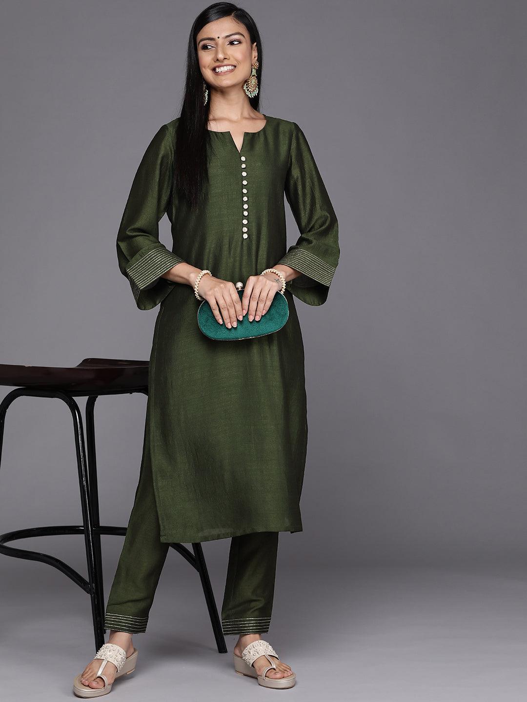 Green Solid Silk Straight Kurta