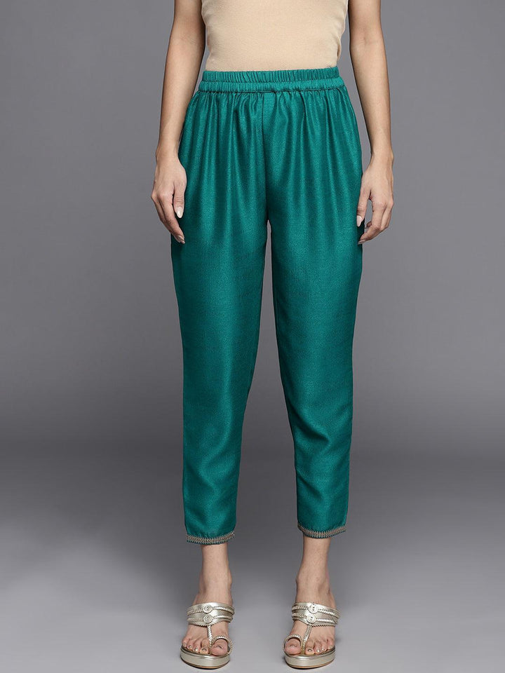 Green Solid Silk Trousers - ShopLibas