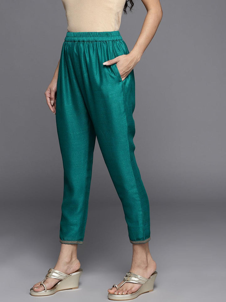 Green Solid Silk Trousers - ShopLibas