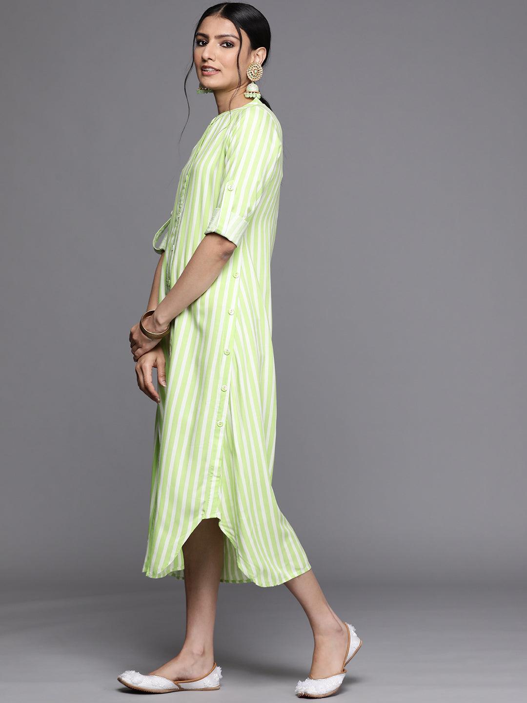 Green Striped Rayon Dress - ShopLibas