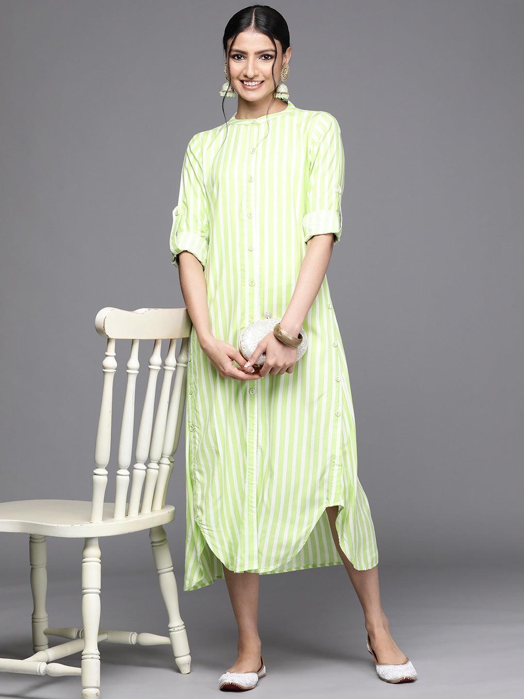 Green Striped Rayon Dress - ShopLibas