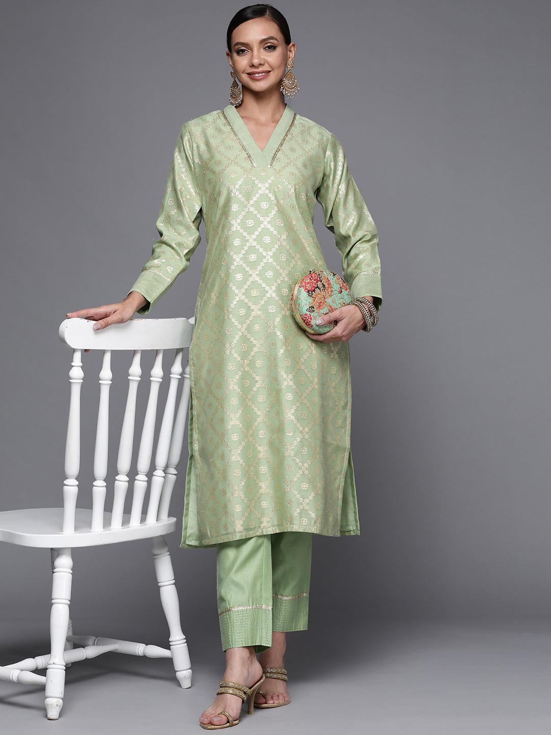 Green Woven Design Chanderi Silk Straight Kurta