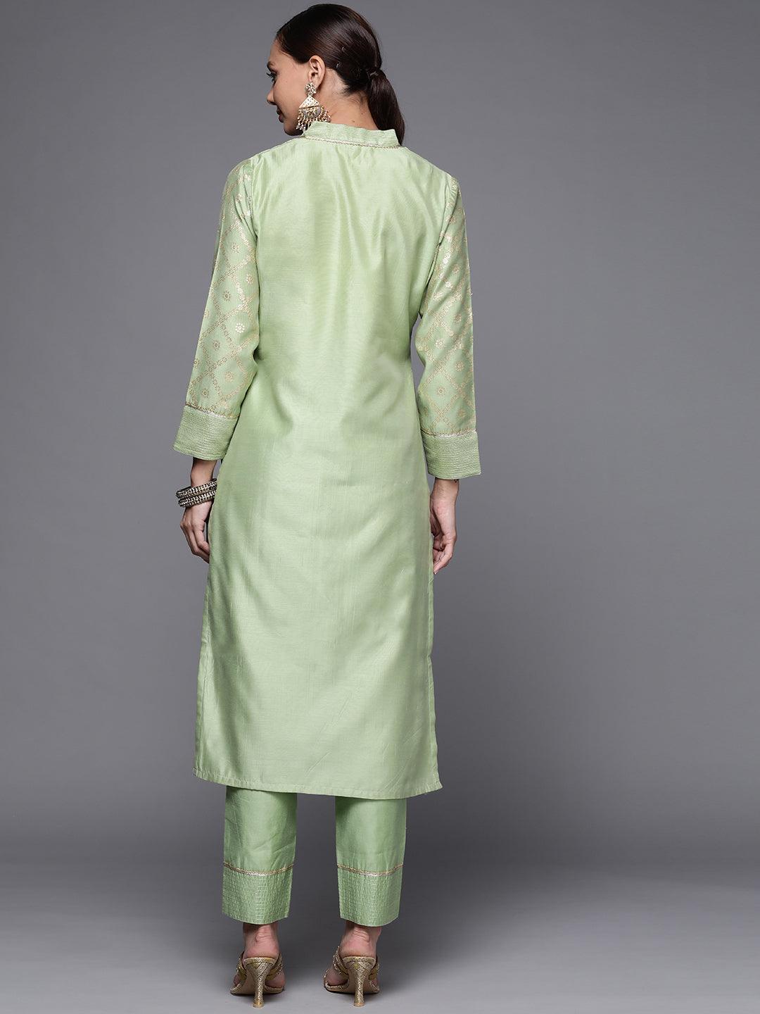 Green Woven Design Chanderi Silk Straight Kurta