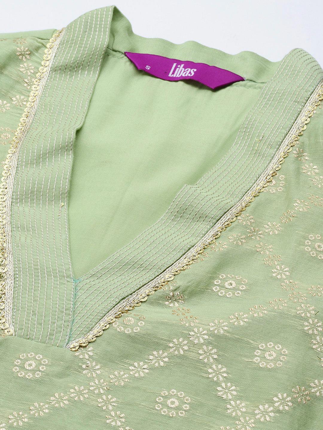 Green Woven Design Chanderi Silk Straight Kurta