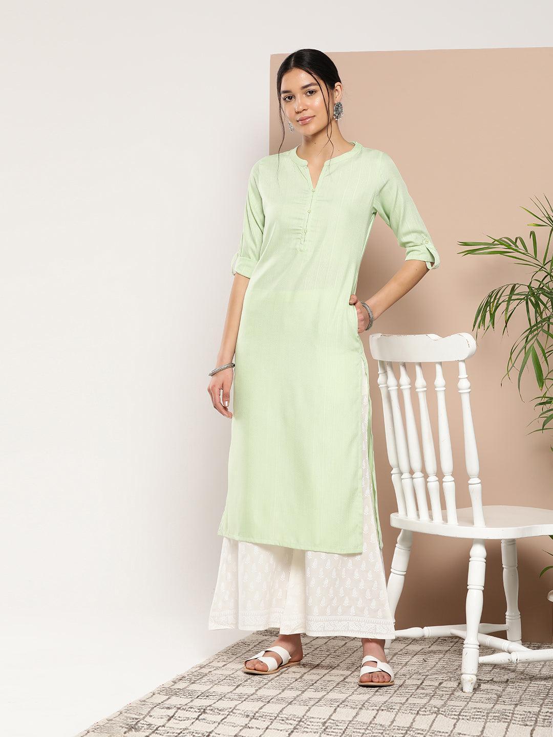 Green Woven Design Cotton Straight Kurta