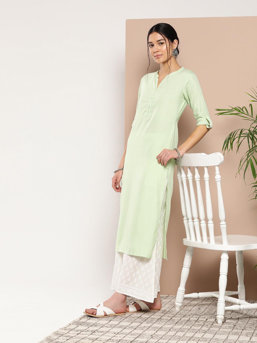 Green Woven Design Cotton Straight Kurta