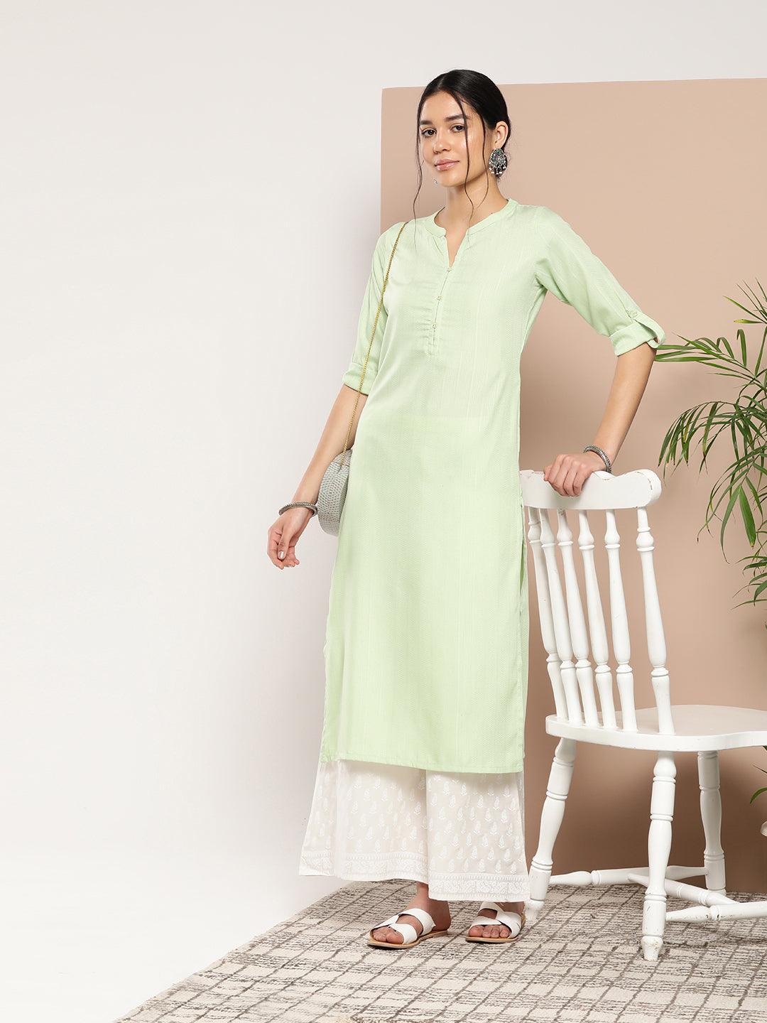 Green Woven Design Cotton Straight Kurta