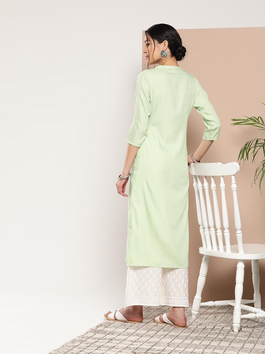 Green Woven Design Cotton Straight Kurta