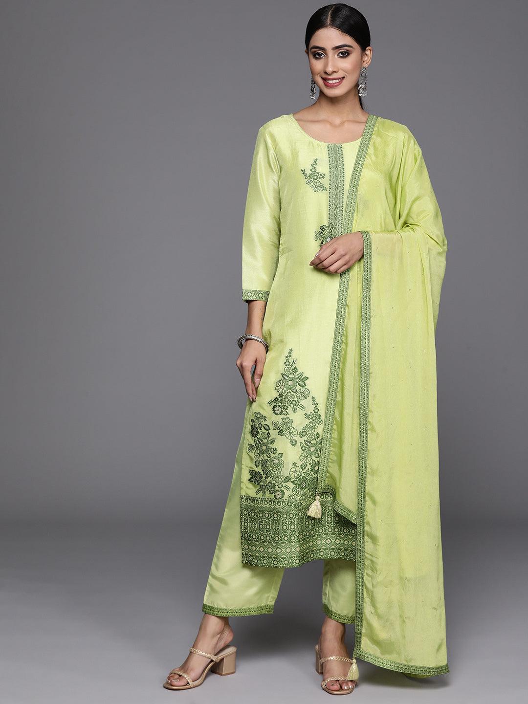 Green Woven Design Silk Blend Straight Kurta With Trousers & Dupatta