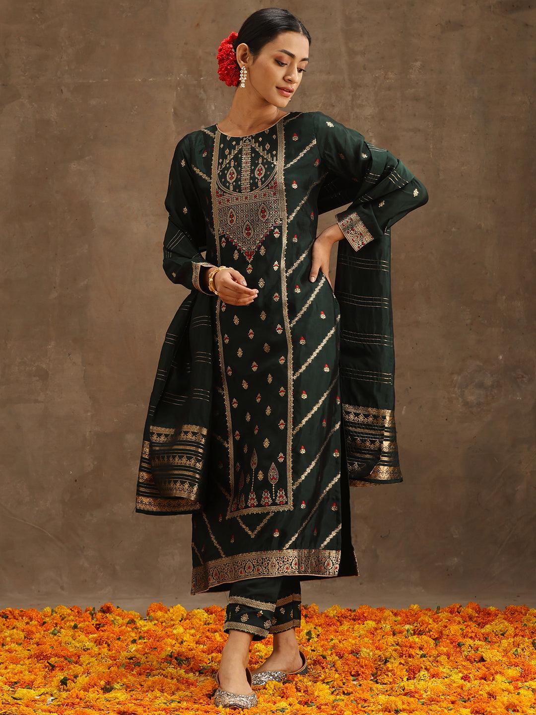 Green Woven Design Silk Blend Straight Suit Set With Trousers - ShopLibas