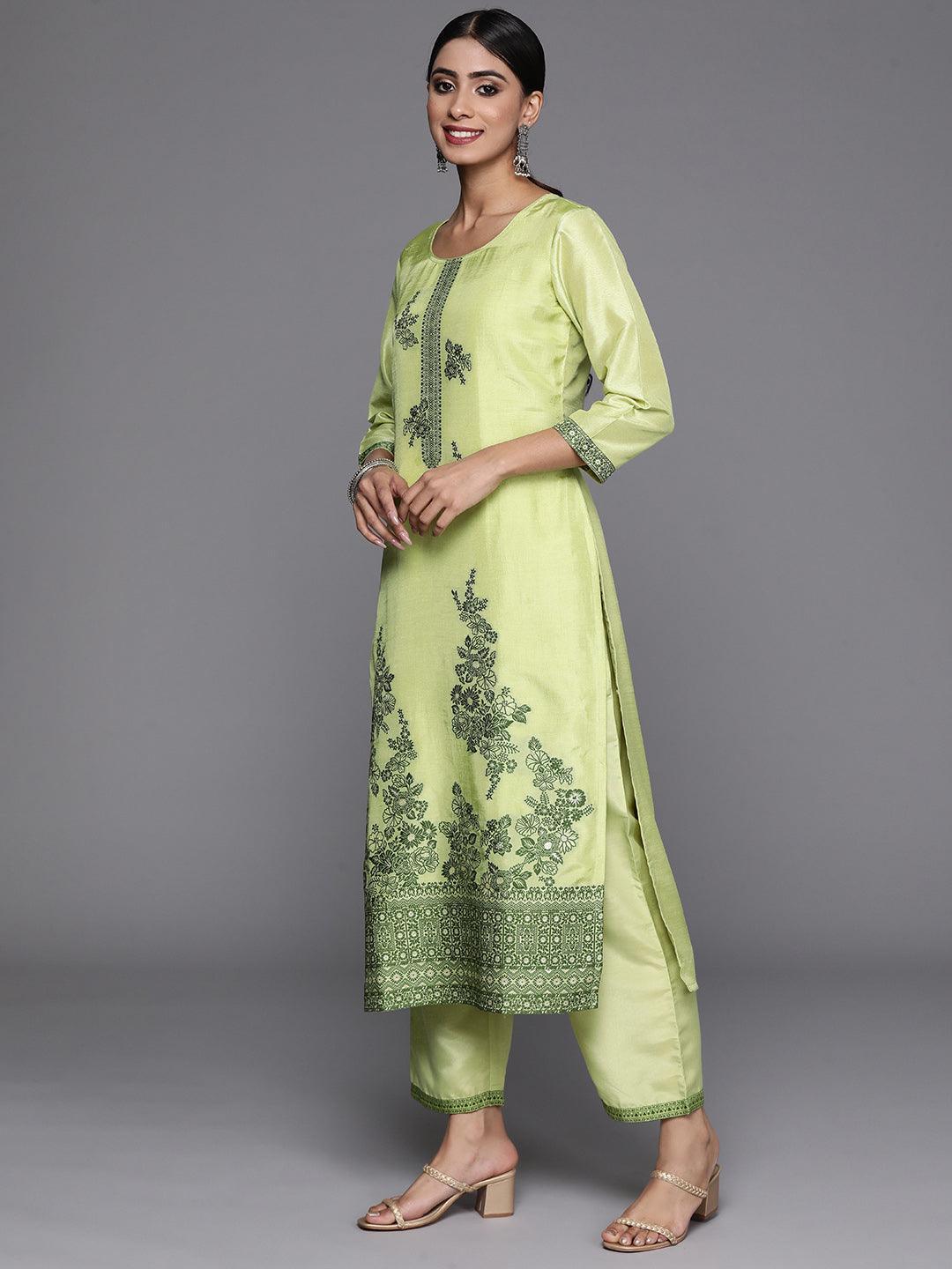 Green Woven Design Silk Blend Straight Kurta With Trousers & Dupatta - Libas