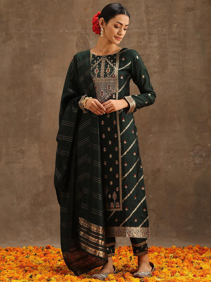 Green Woven Design Silk Blend Straight Suit Set With Trousers - ShopLibas