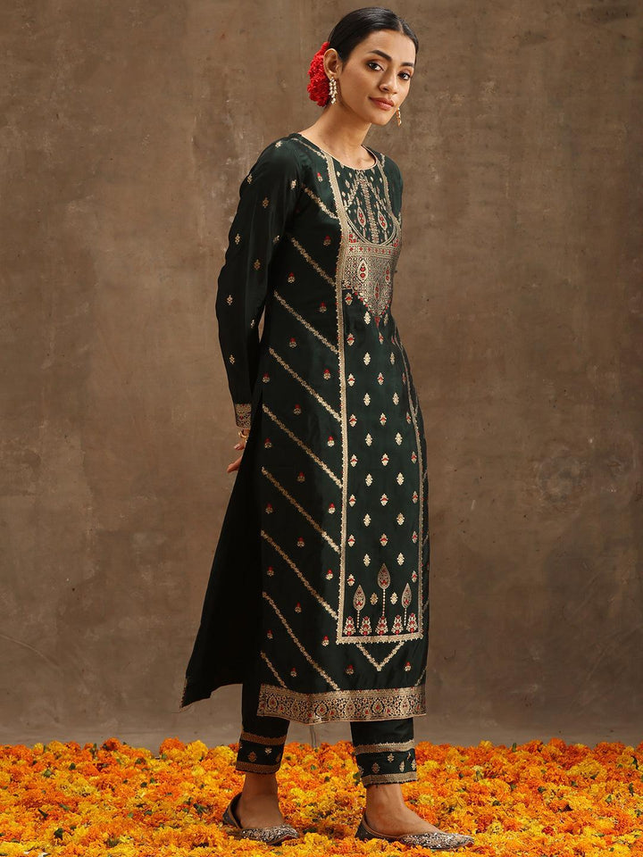 Green Woven Design Silk Blend Straight Suit Set With Trousers - ShopLibas