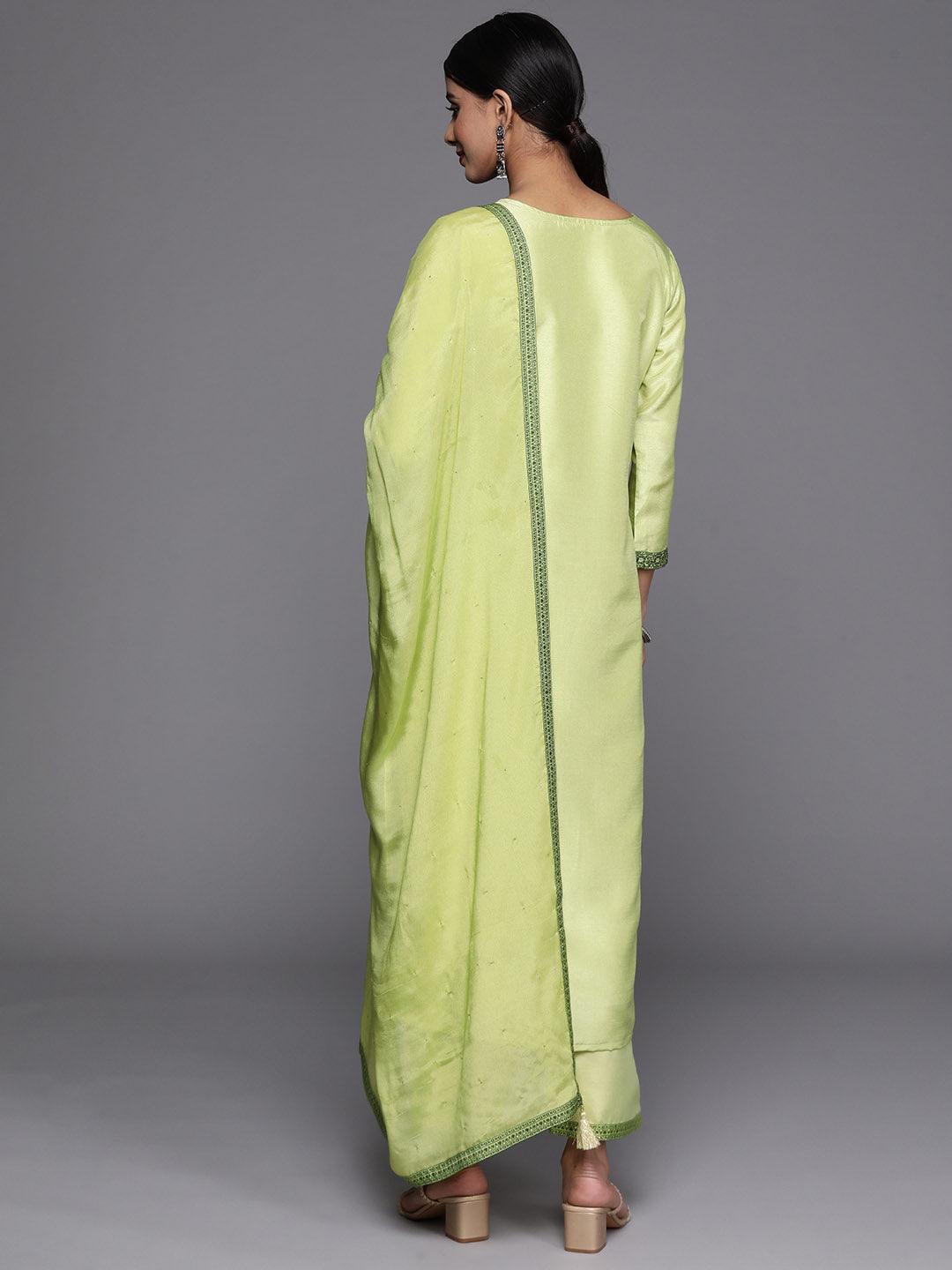 Green Woven Design Silk Blend Straight Kurta With Trousers & Dupatta - Libas